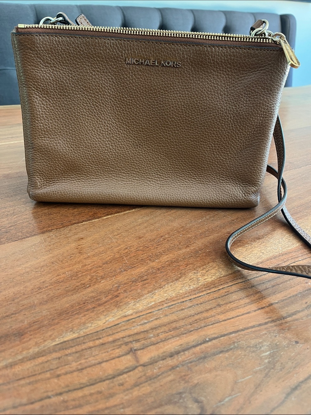 Michael Kors Brown Pebbled Leather Double-Zip Crossbody triple compartment